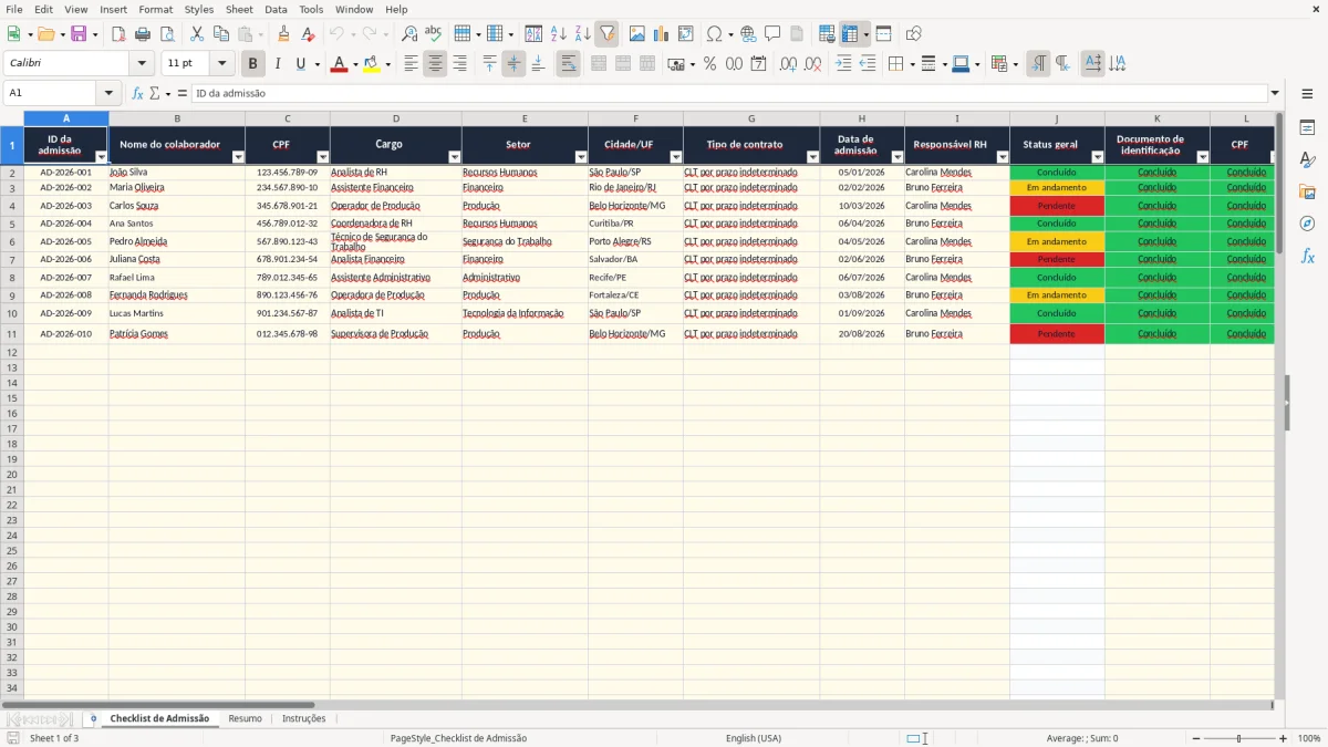 Captura 1: aba Checklist de Admissão - Planilha Excel planilha de checklist de admissao excel