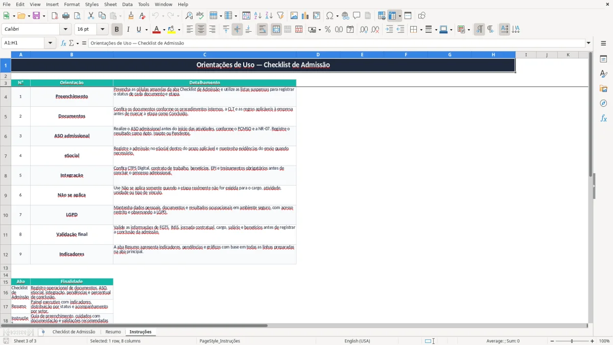 Captura 3: aba Instruções - Planilha Excel planilha de checklist de admissao excel