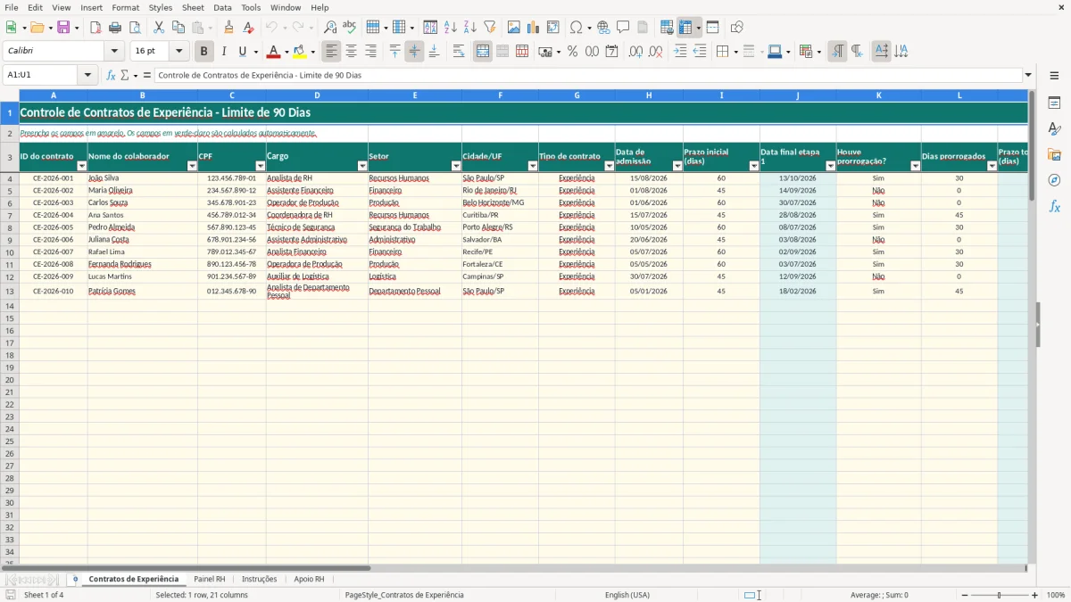 Captura 1: aba Contratos de Experiência - Planilha Excel planilha de contrato de experiencia 90 dias excel