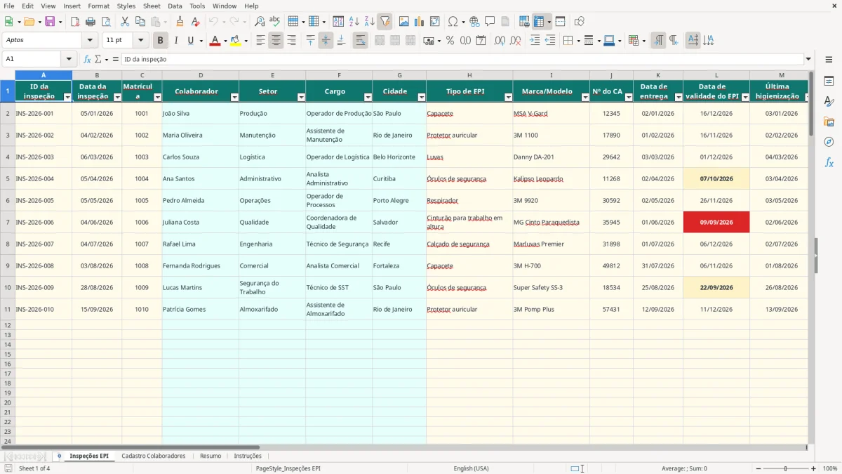 Captura 1: aba Inspeções EPI - Planilha Excel planilha de inspecao de epi excel