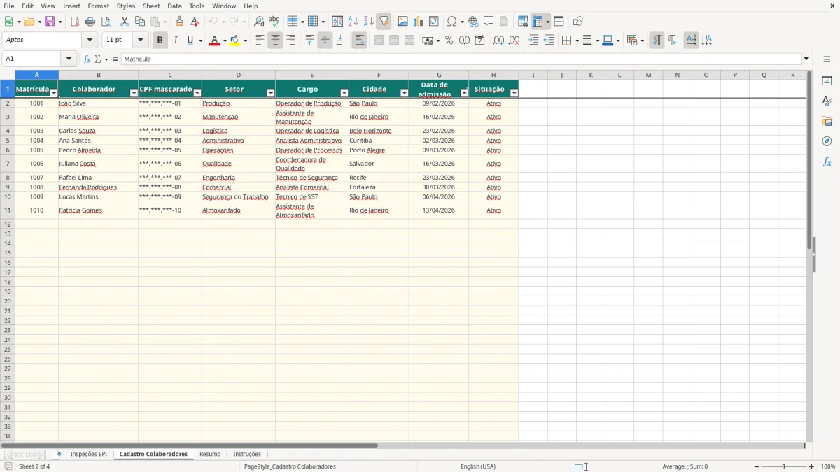 Captura 2: aba Cadastro Colaboradores - Planilha Excel planilha de inspecao de epi excel