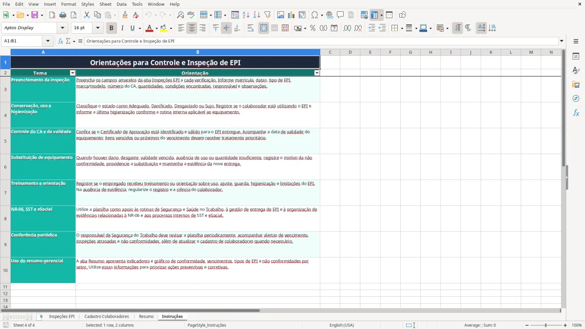 Captura 4: aba Instruções - Planilha Excel planilha de inspecao de epi excel