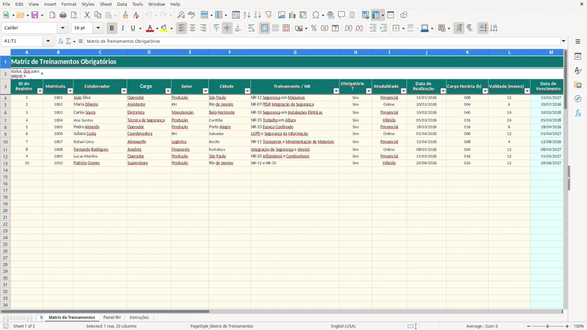 Captura 1: aba Matriz de Treinamentos - Planilha Excel planilha de matriz de treinamentos obrigatorios excel