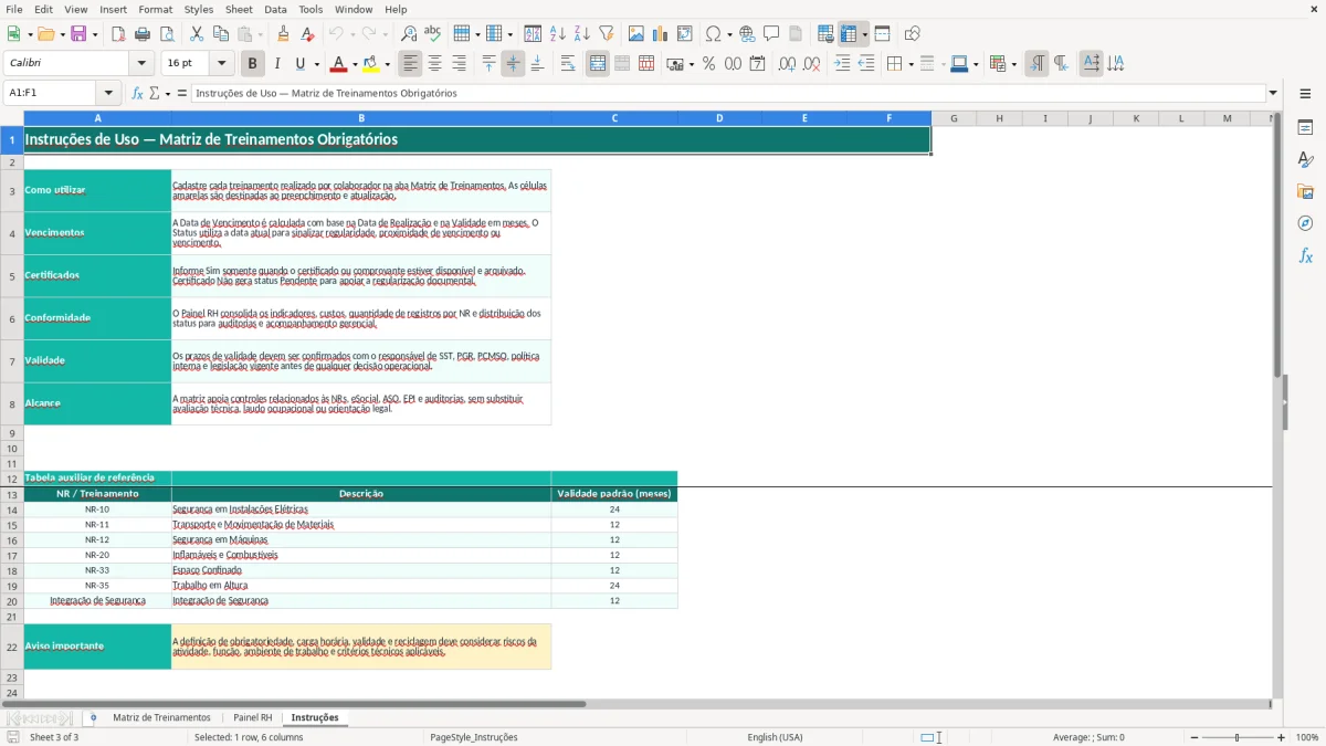Captura 3: aba Instruções - Planilha Excel planilha de matriz de treinamentos obrigatorios excel
