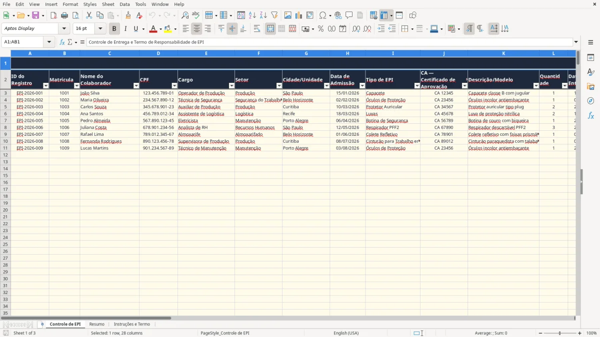 Captura 1: aba Controle de EPI - Planilha Excel planilha de termo de responsabilidade de epi excel
