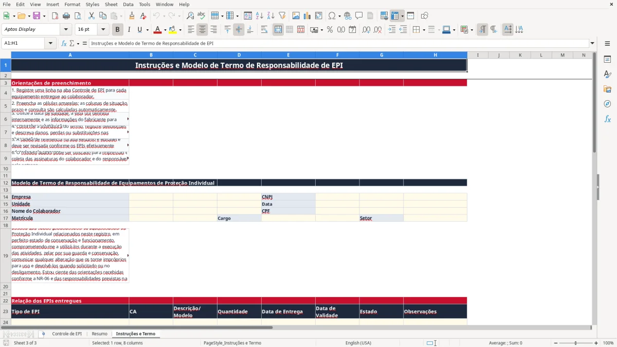 Captura 3: aba Instruções e Termo - Planilha Excel planilha de termo de responsabilidade de epi excel